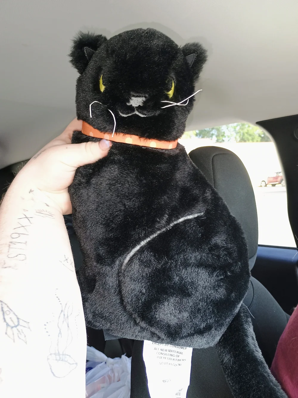 Black Plush Cat Toy with Orange Collar - Soft Pet Plush